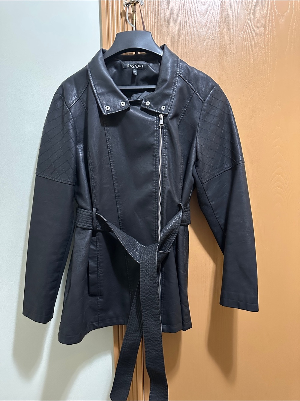 Baccini Black Belted Faux-Leather Moto Jacket